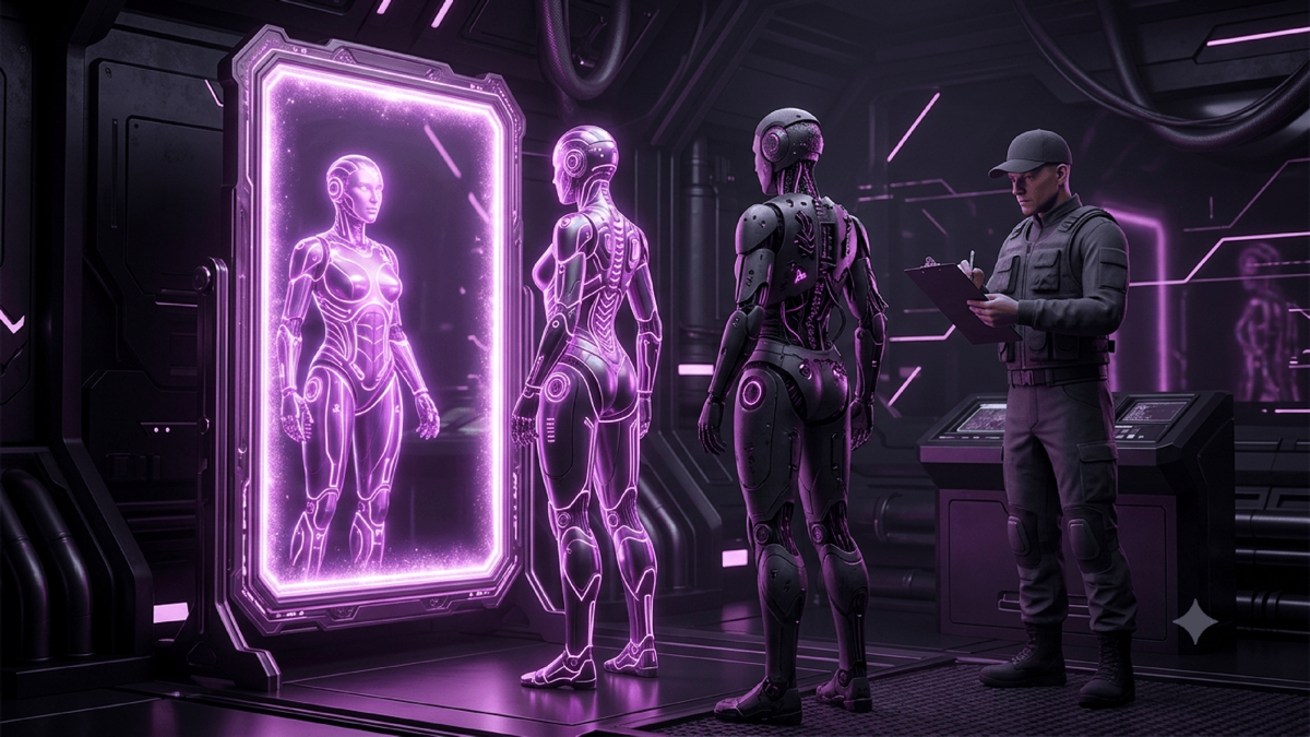 An AI figure admiring its own reflection in a mirror that flatters it, while a separate plain inspector with a checklist stands to the side seeing the flaw the reflection hides