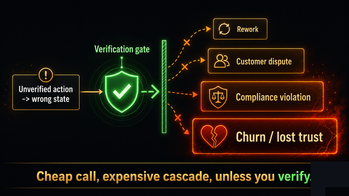 A flow showing one unverified action writing wrong state, which fans out into four escalating costs, rework, customer dispute, compliance violation, and churn, with a verification gate shown stopping the fan-out at the source