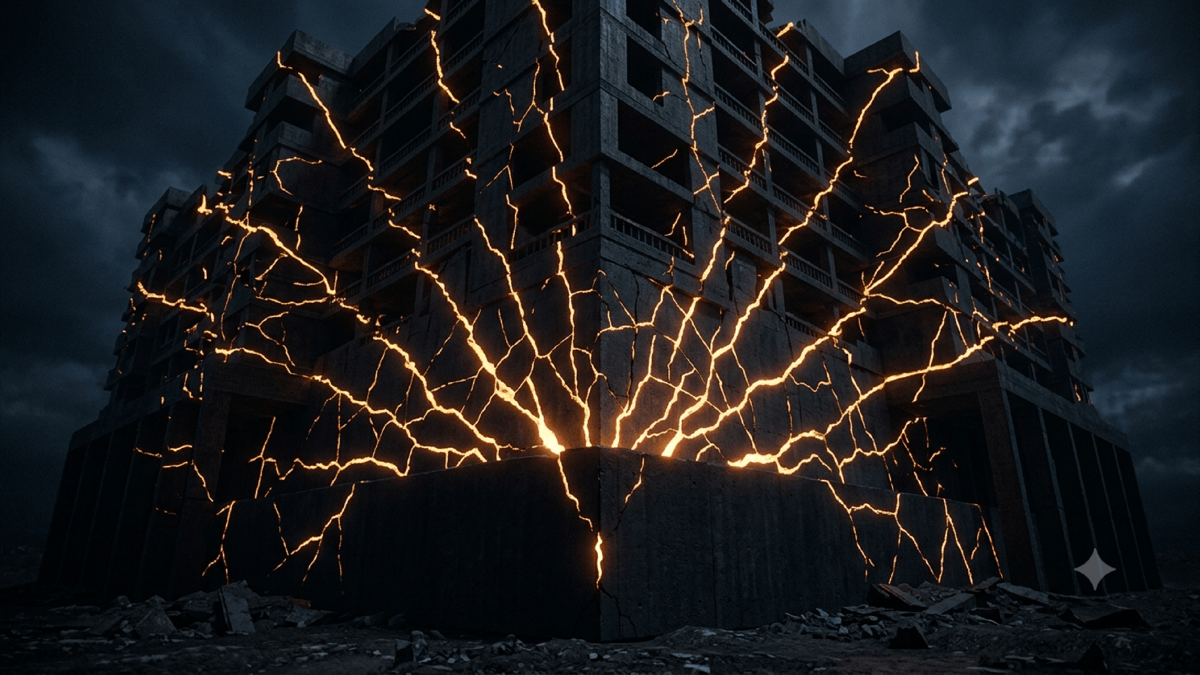 A single small crack in a foundation block at the bottom, with fracture lines radiating upward and outward through an entire structure, the one flaw multiplying into widespread damage