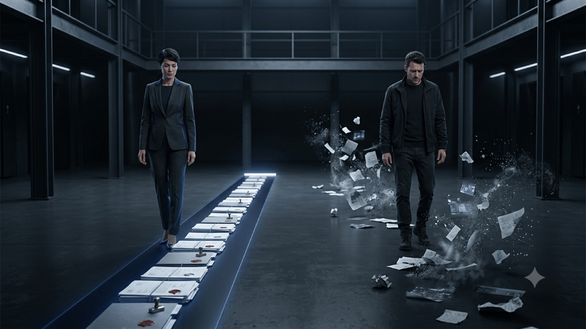 An auditor following a clear, unbroken chain of sealed records from a goal to a final action, beside an agent whose trail dissolves into scattered, erasable scraps that cannot be followed
