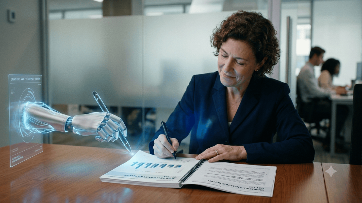 A person nodding along and signing off on a polished, confident-looking output handed to them by an AI, the smooth presentation lowering their guard while a flaw inside goes unexamined