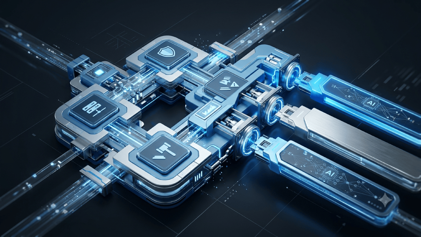 An AI governance gear meshing into existing IT, security, legal, and business governance gears
