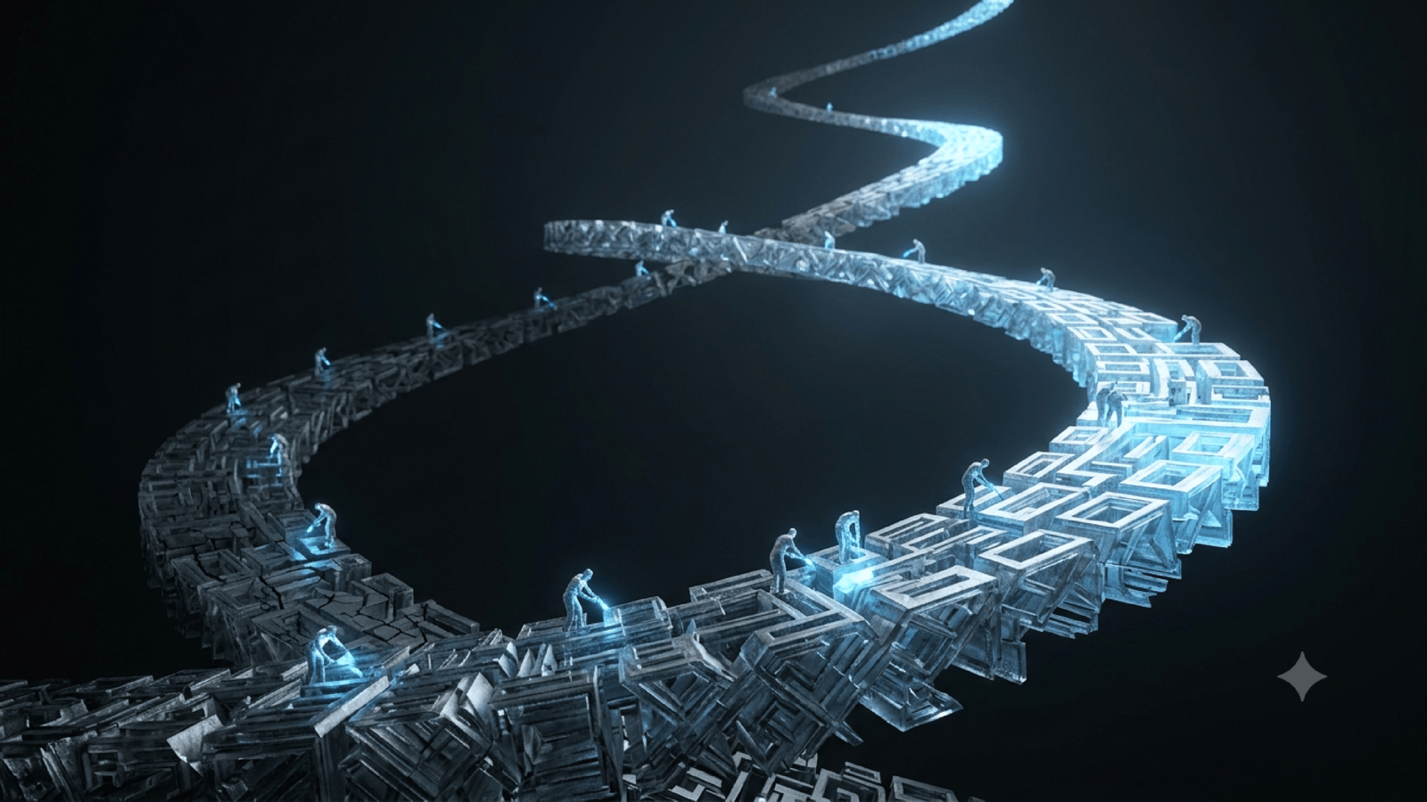 A team climbing a continuous staircase of AI skills as the tools keep changing