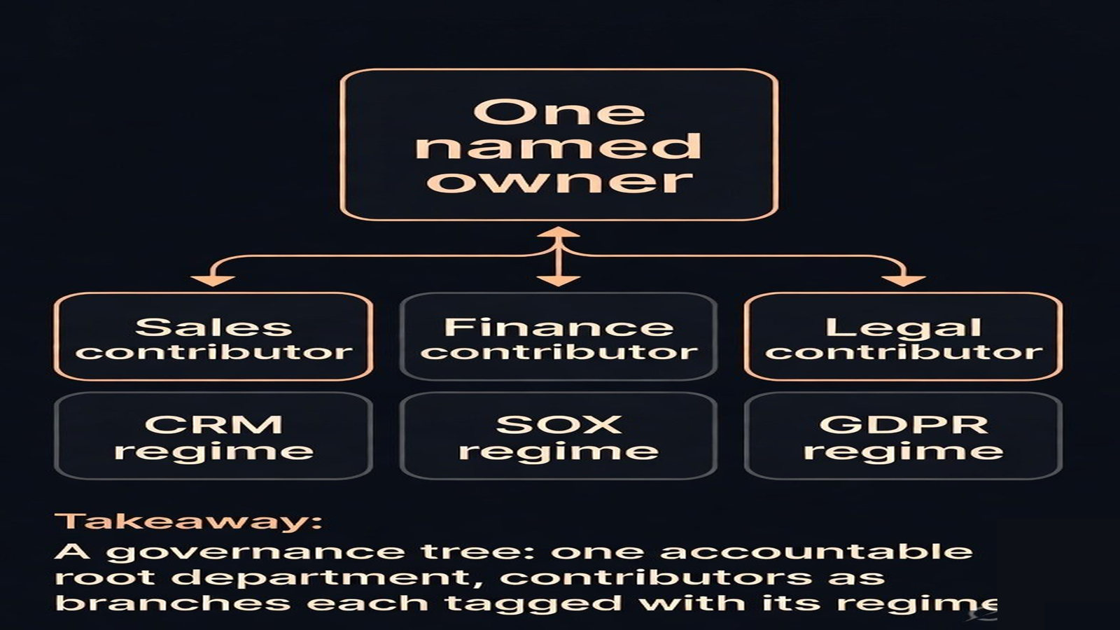 Tree diagram with a single accountable owner at the root and department contributor roles as branches, each tagged with its compliance regime