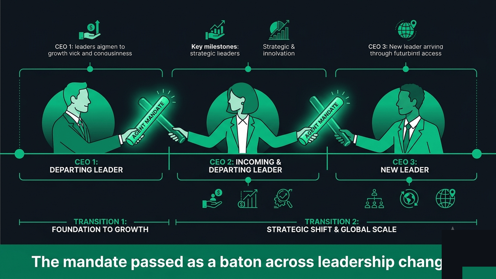 A timeline of changing executives with the agent's mandate and owner passed as a baton across them
