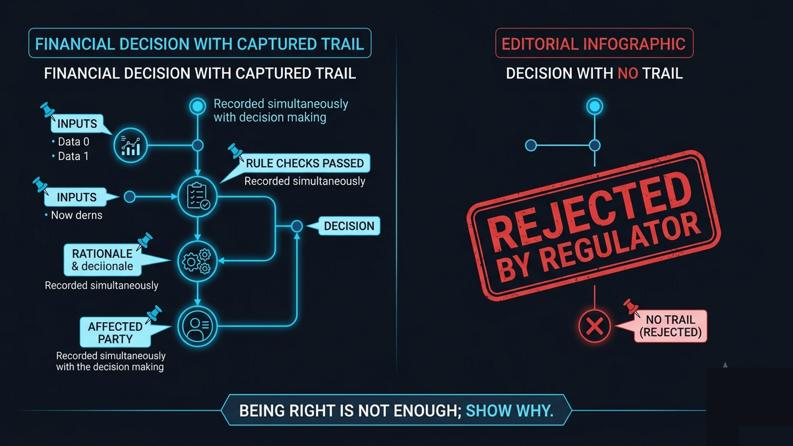 An audit trail capturing the inputs, rule checks, and rationale behind each financial decision as it is made