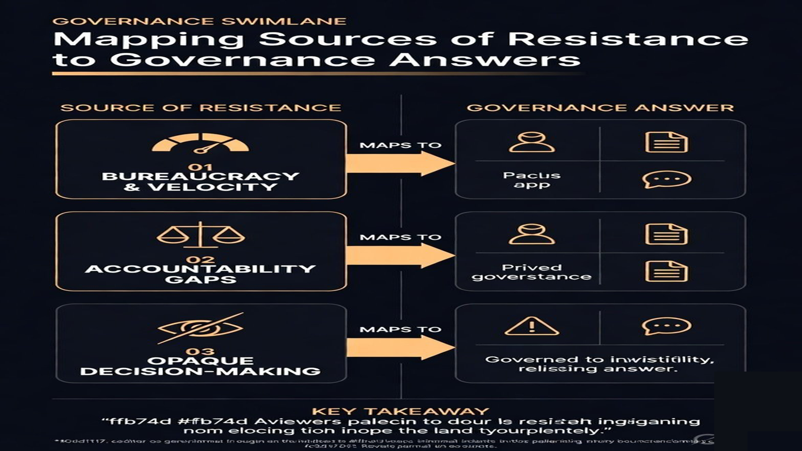 Swimlane diagram mapping each source of resistance to the governance element that answers it