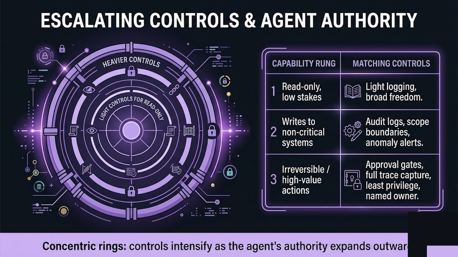 A radial chart with concentric rings, inner ring light controls for read-only, outer rings heavier controls as authority expands
