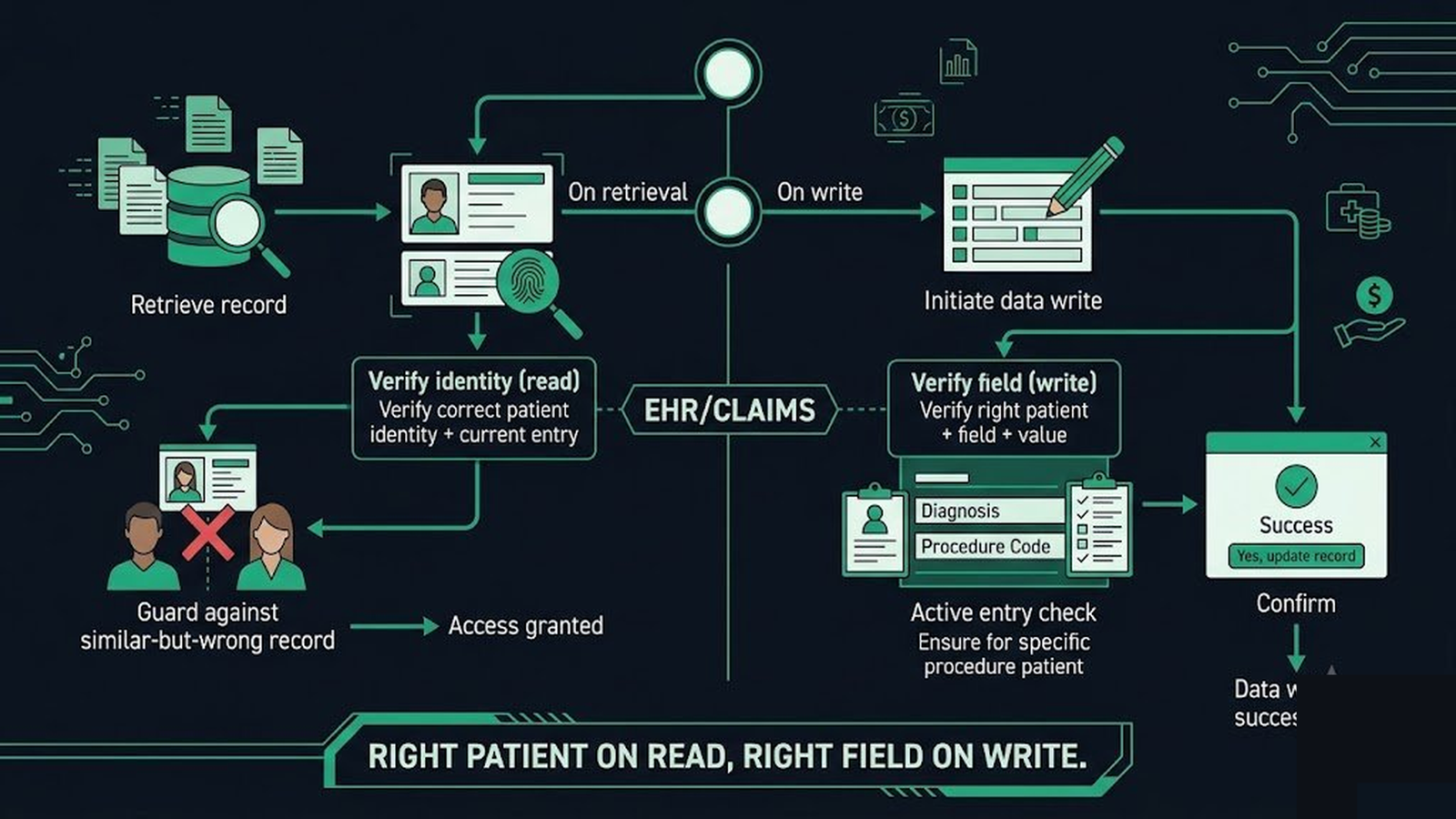 An EHR boundary verifying correct patient identity on retrieval and correct field on write before action
