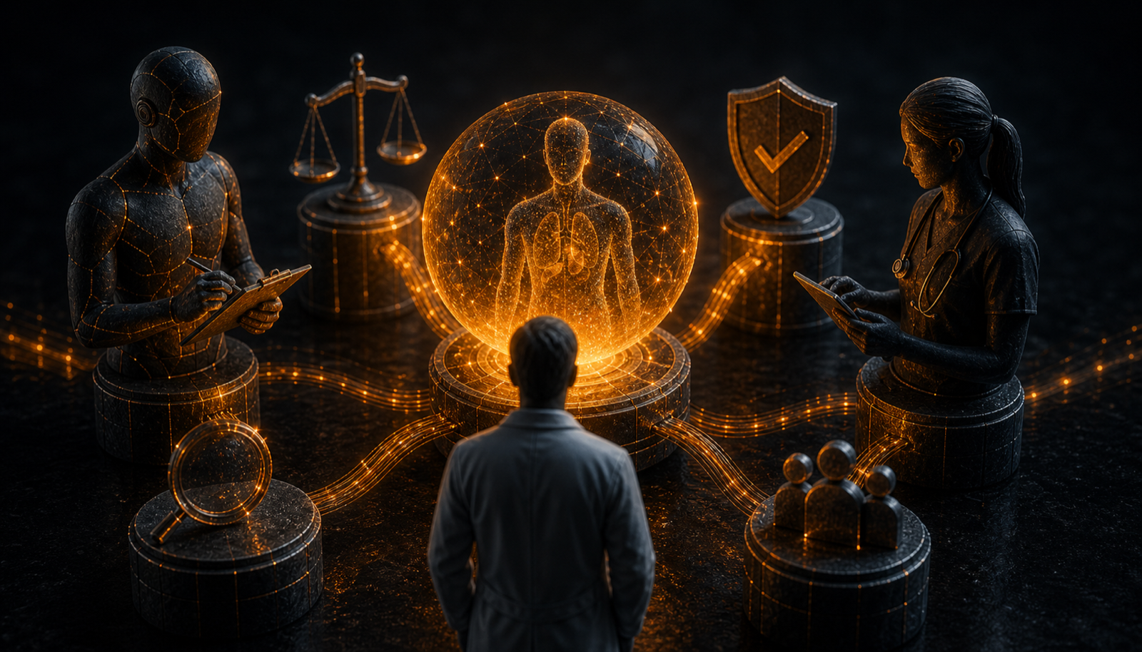 A healthcare agent's proposal passing through verification, governance, and human oversight before any action