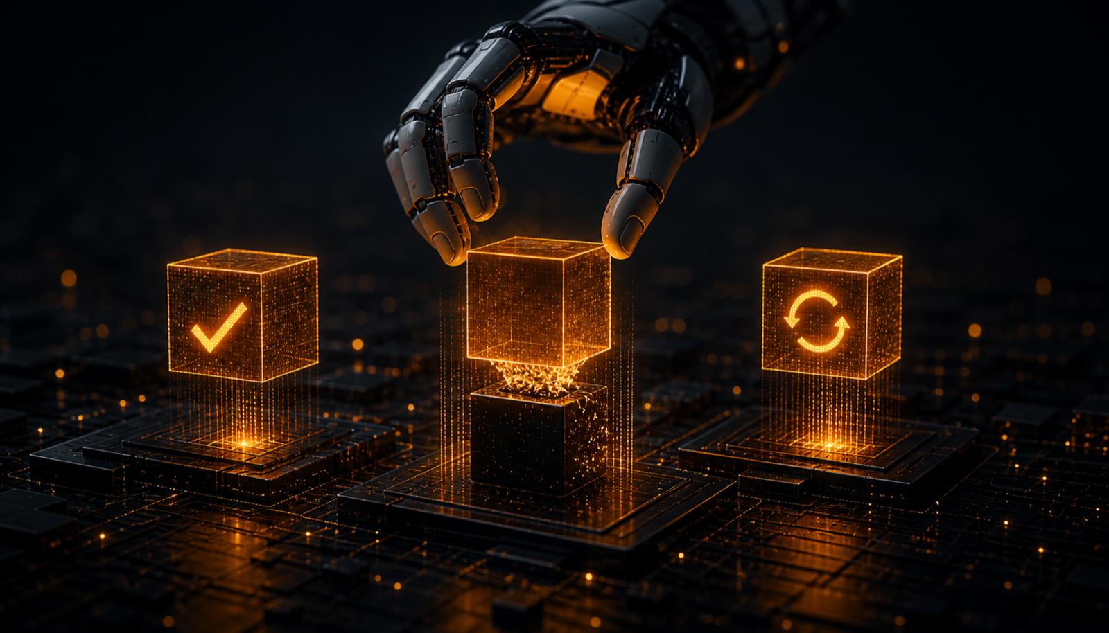 An agent change guarded by an approval gate and a rollback lever before it reaches live systems