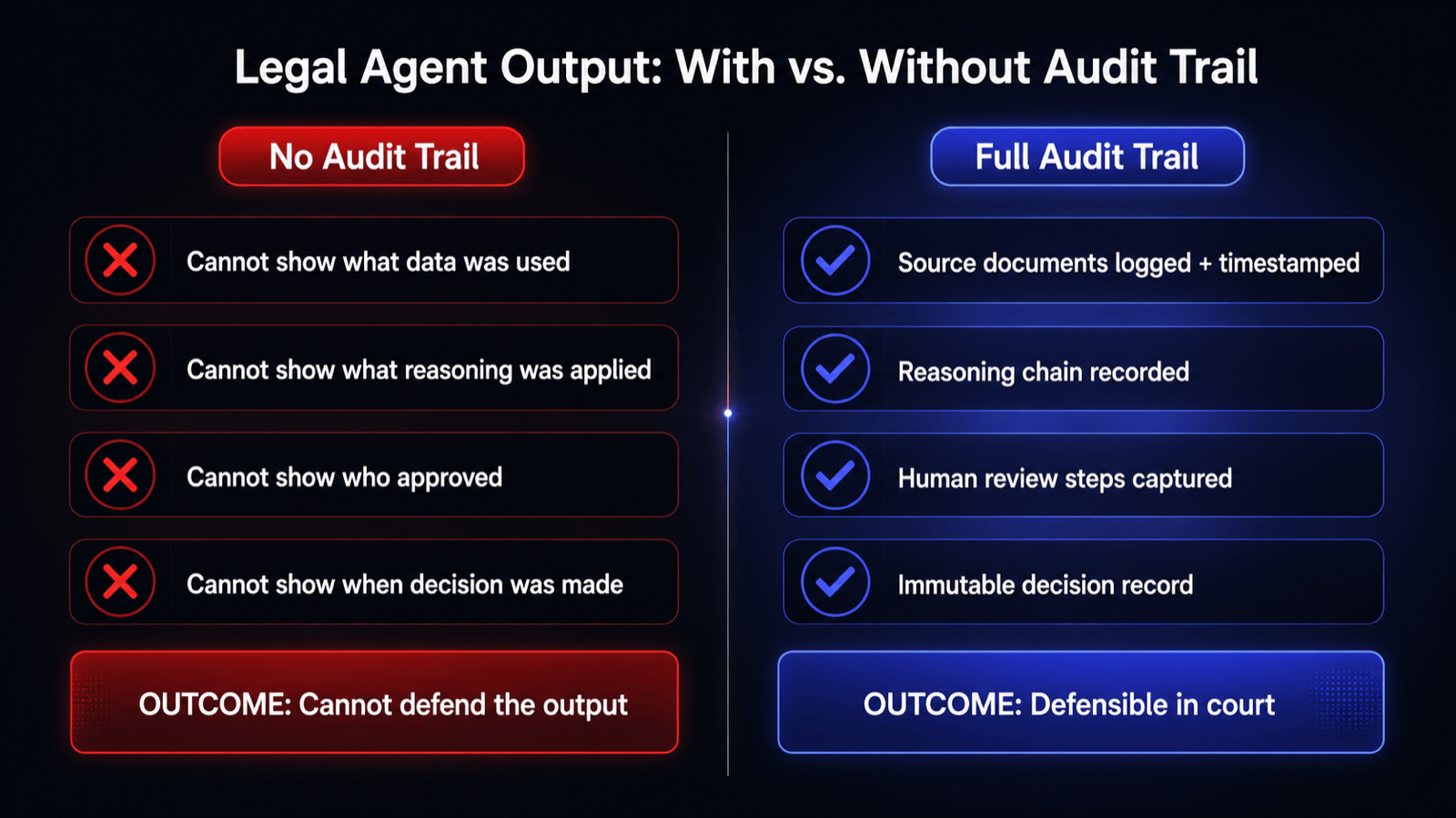 An audit trail capturing authorities, reasoning, and verification for each legal output as it is produced