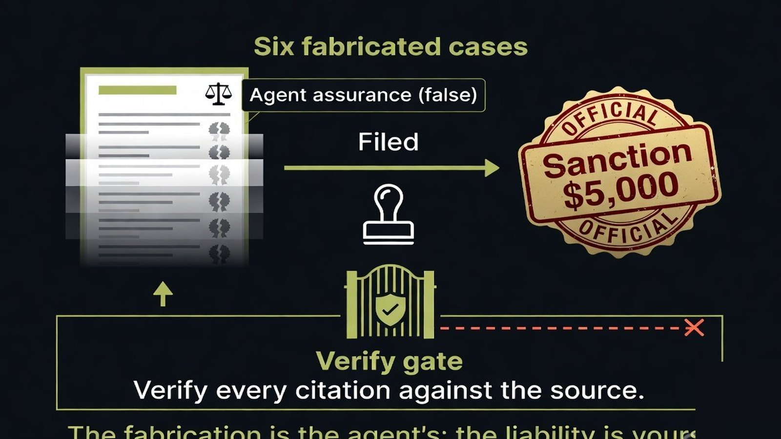 A verification gate checking every legal citation against the actual source before a filing leaves the firm