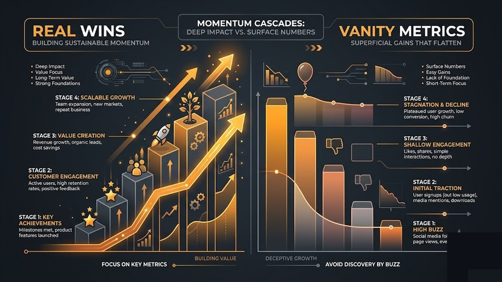 Real wins stacking into rising momentum versus vanity metrics that flatten