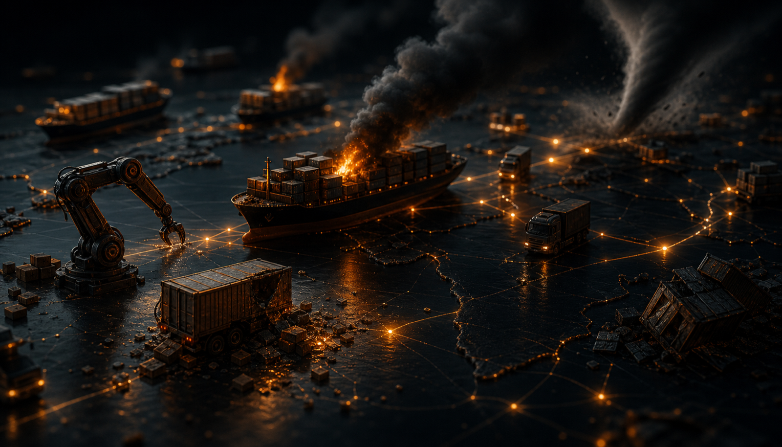 A smooth planned supply flow disrupted by a delay, a demand spike, and a logistics failure