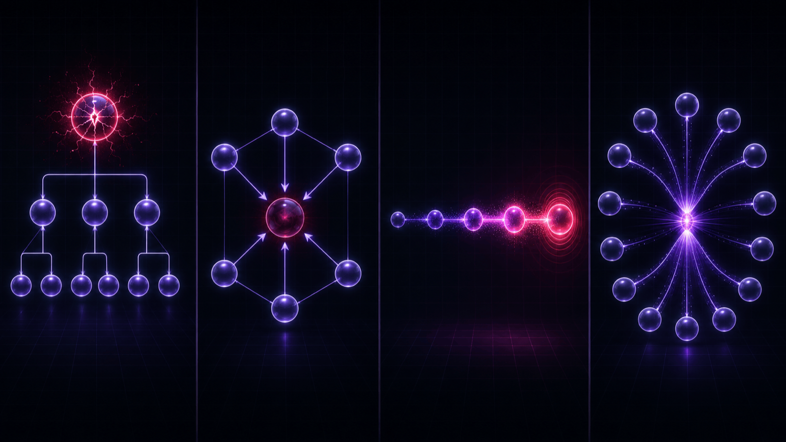 Side-by-side topology diagrams: manager-worker with orchestrator failure highlighted, debate topology with convergence arrows showing false consensus, relay chain showing error accumulation, hub showing paraphrase loss