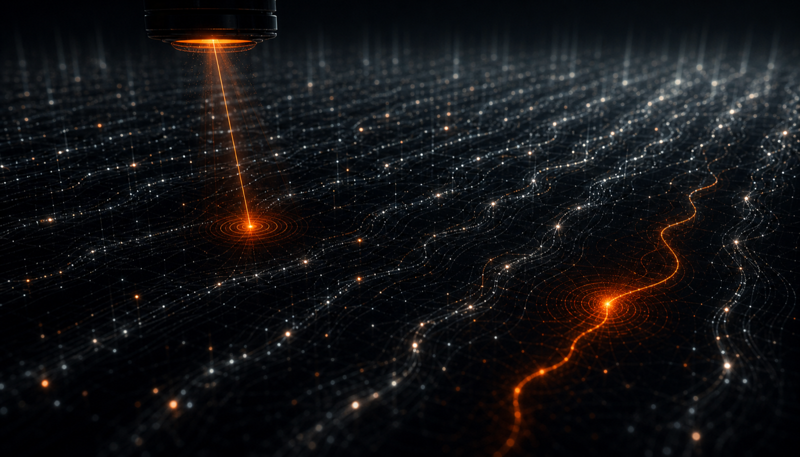 A vast funnel of agent runs narrowing through an automated filter to a small set a human actually reviews