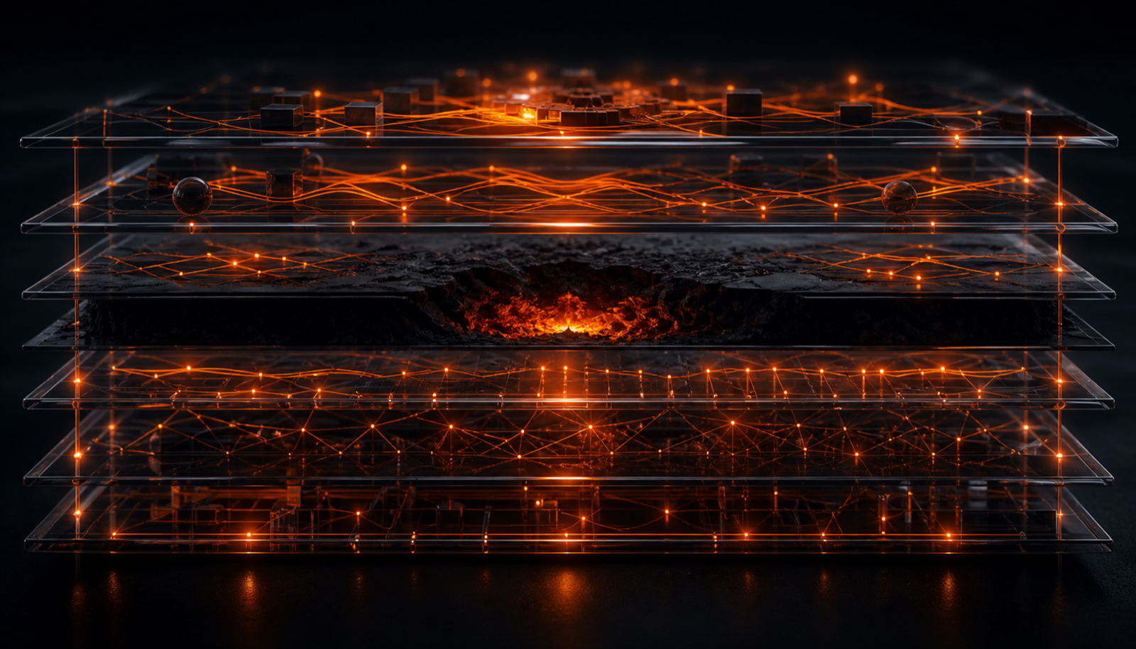 Five stacked observability layers with one un-instrumented layer dark, hiding the origin of a failure passing through it