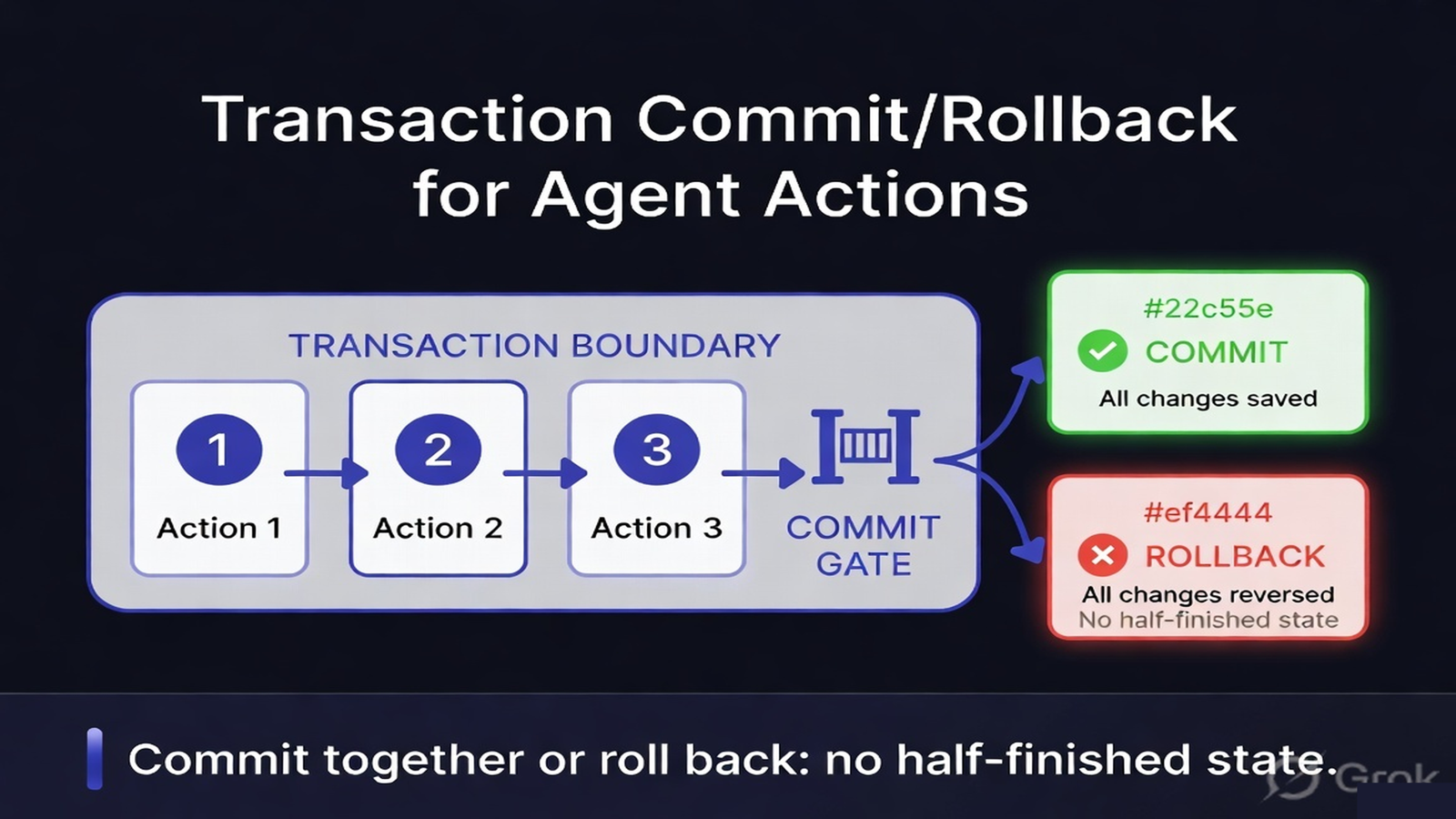 A transaction grouping agent actions so they commit together or roll back on failure