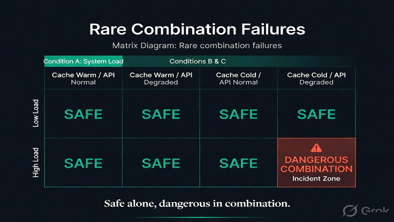 A matrix of conditions where individually-safe cells combine into a dangerous interaction