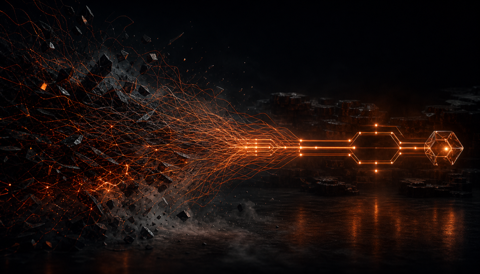 A tangled incident on the left resolving into a clear annotated step sequence on the right once a trace is applied