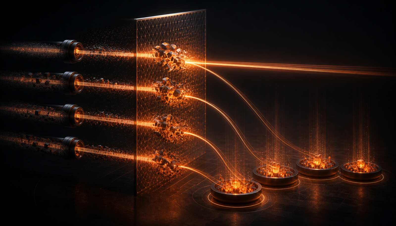Abstract: four moments frozen in time where a signal flips from failure to caught, rendered as abstract light pulses