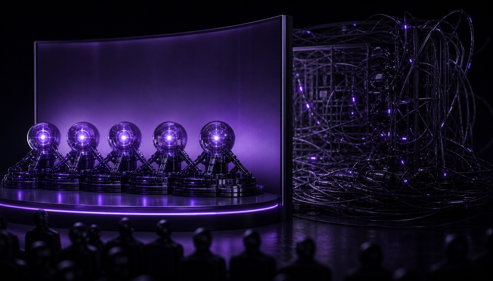 A polished demo stage in front, a tangle of failed agent handoffs hidden behind the curtain
