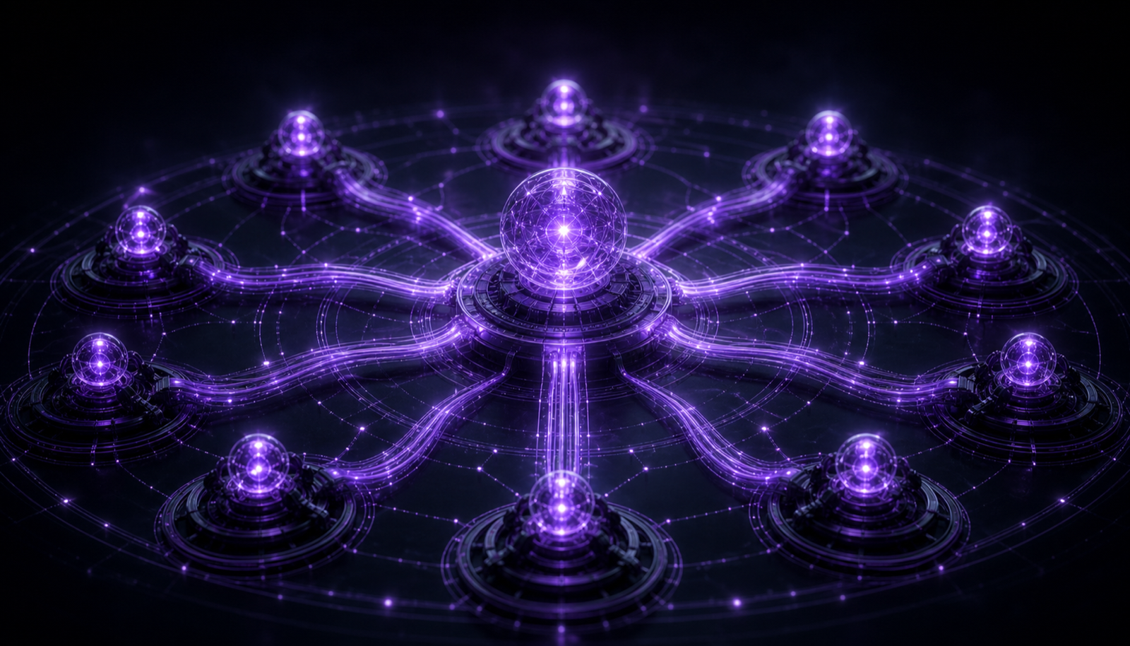 Several agents oriented toward a single shared goal marker with a progress ledger between them