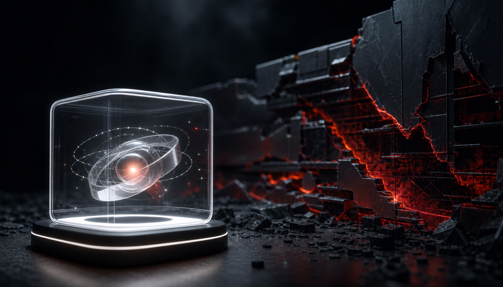 A polished demo stage on one side and a messy enterprise environment with many doors and untrusted inputs on the other