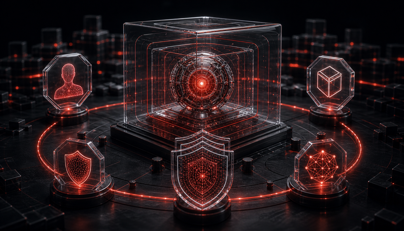 A layered shield around an autonomous agent showing identity, sandbox, evaluation, and monitoring layers