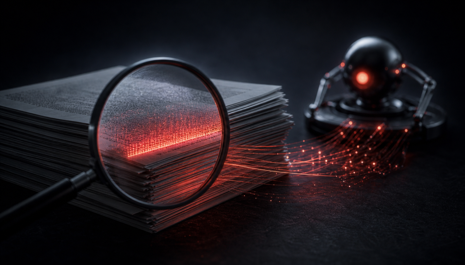 An innocent-looking document with a hidden instruction glowing inside it as an agent reads