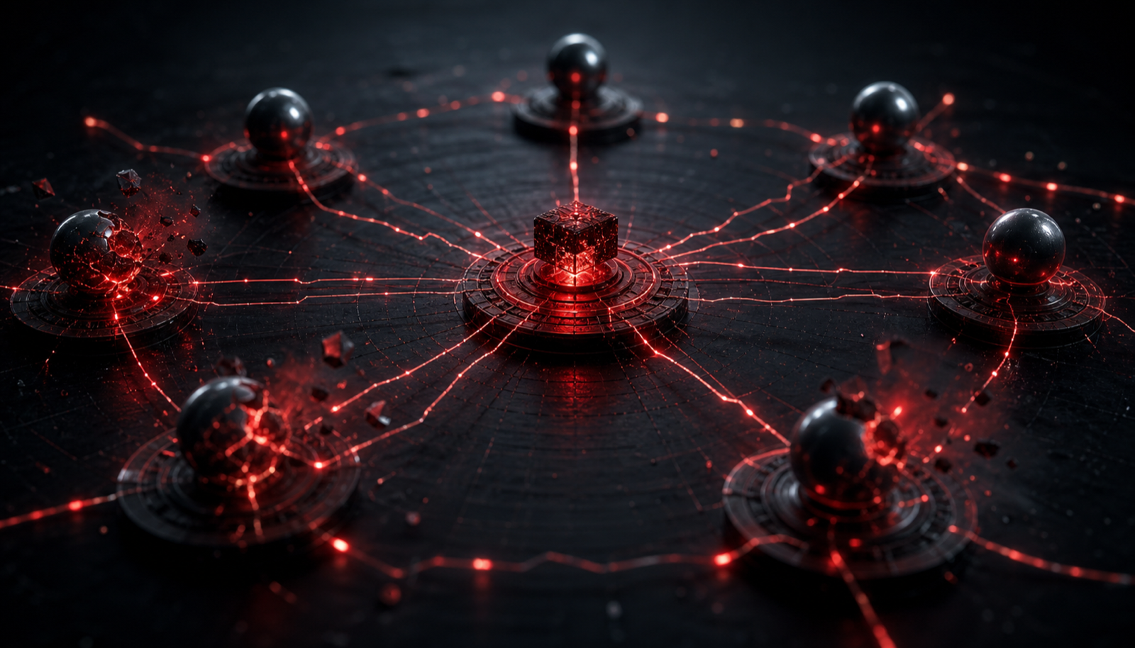A poisoned message passing from one agent to the next, spreading a malicious instruction across a team