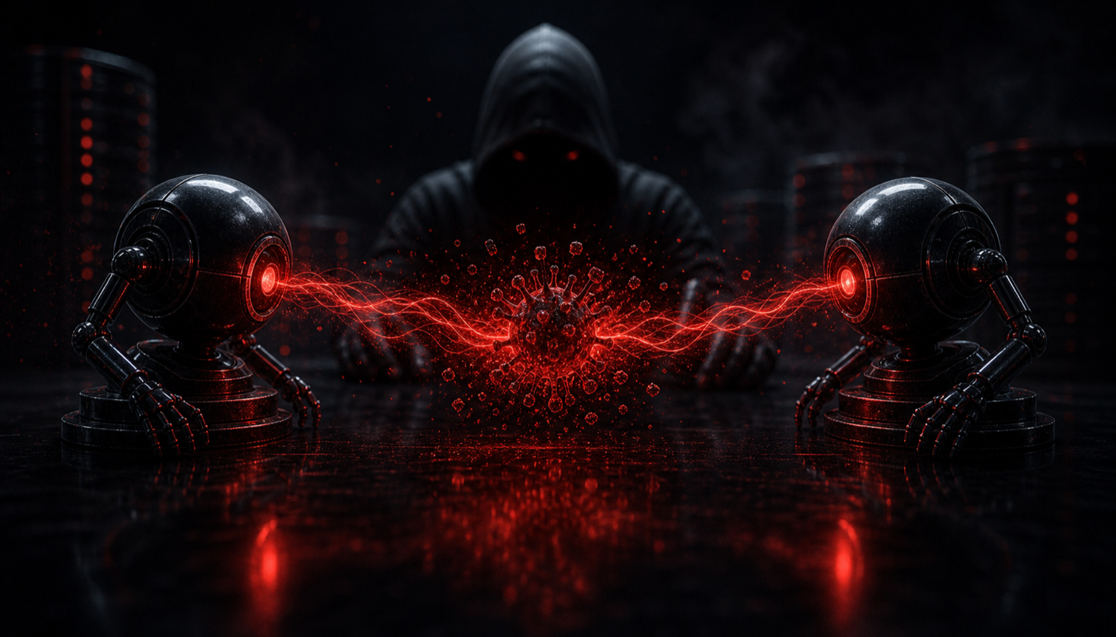 Two agents communicating through a channel with an attacker intercepting and poisoning a message