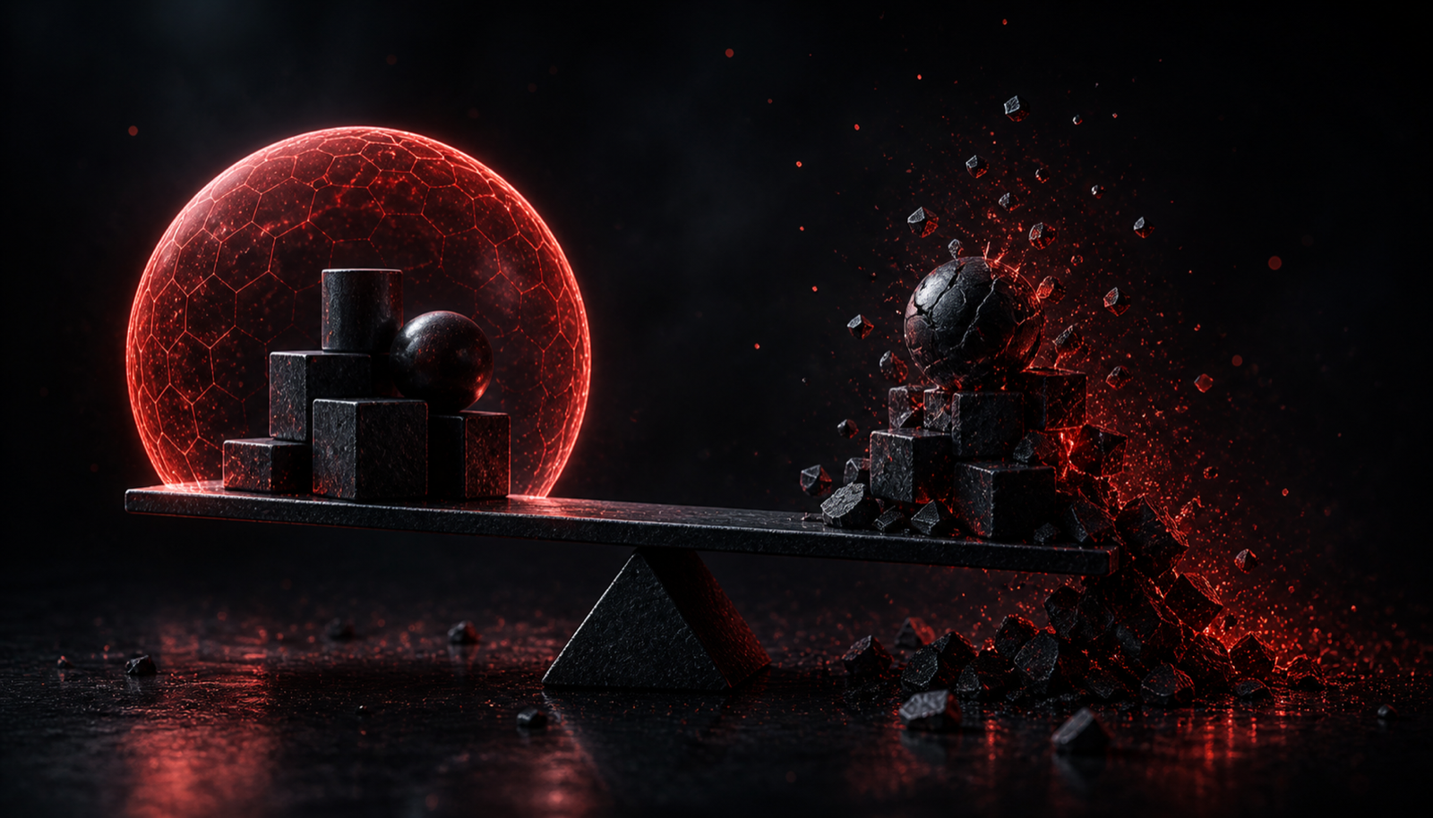 A balance scale weighing a small stack of control costs against a towering stack of breach costs