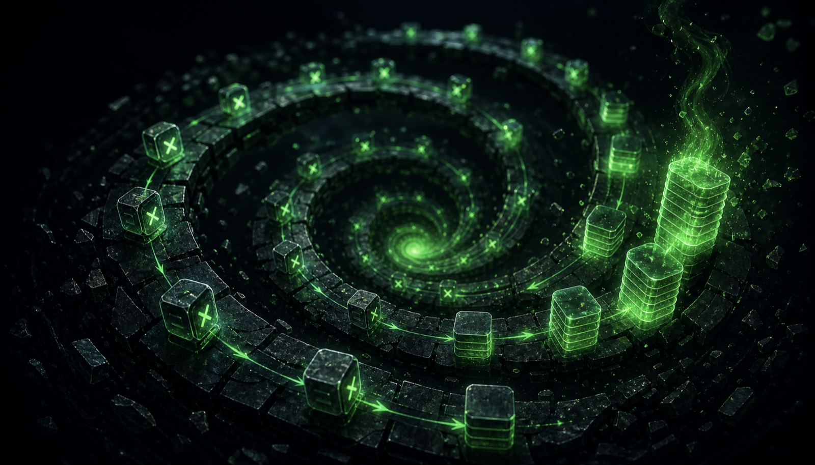 A downward spiral where each loop is labeled error then retry then larger context then more cost