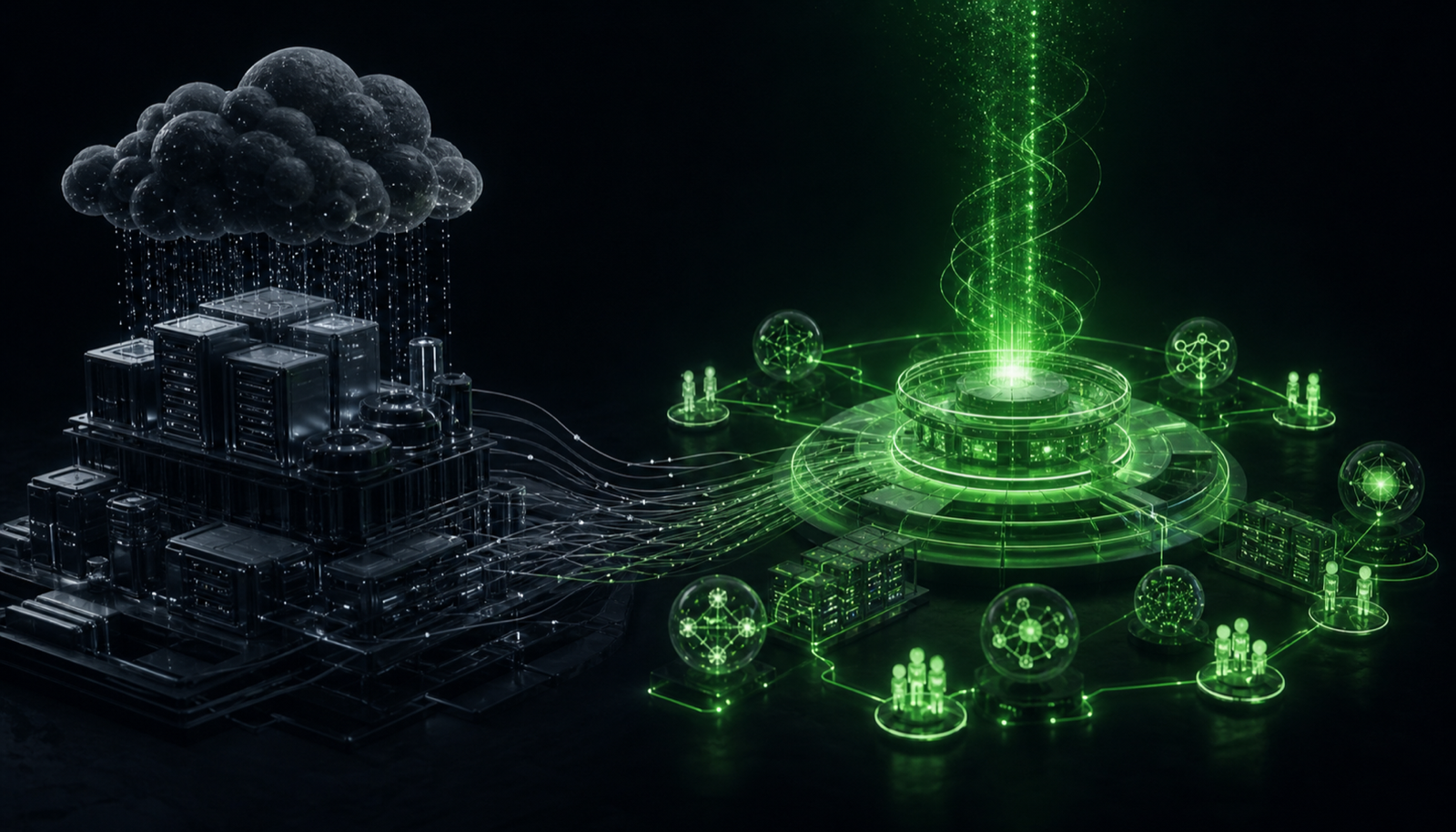 A classic cloud cost dashboard on one side and a branching agent reasoning tree generating variable token costs on the other