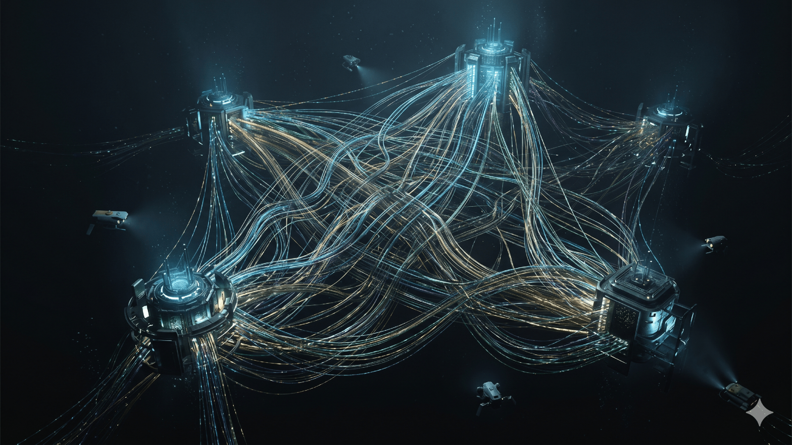Several AI agents passing messages in a ring, each message tinted with a token-cost meter