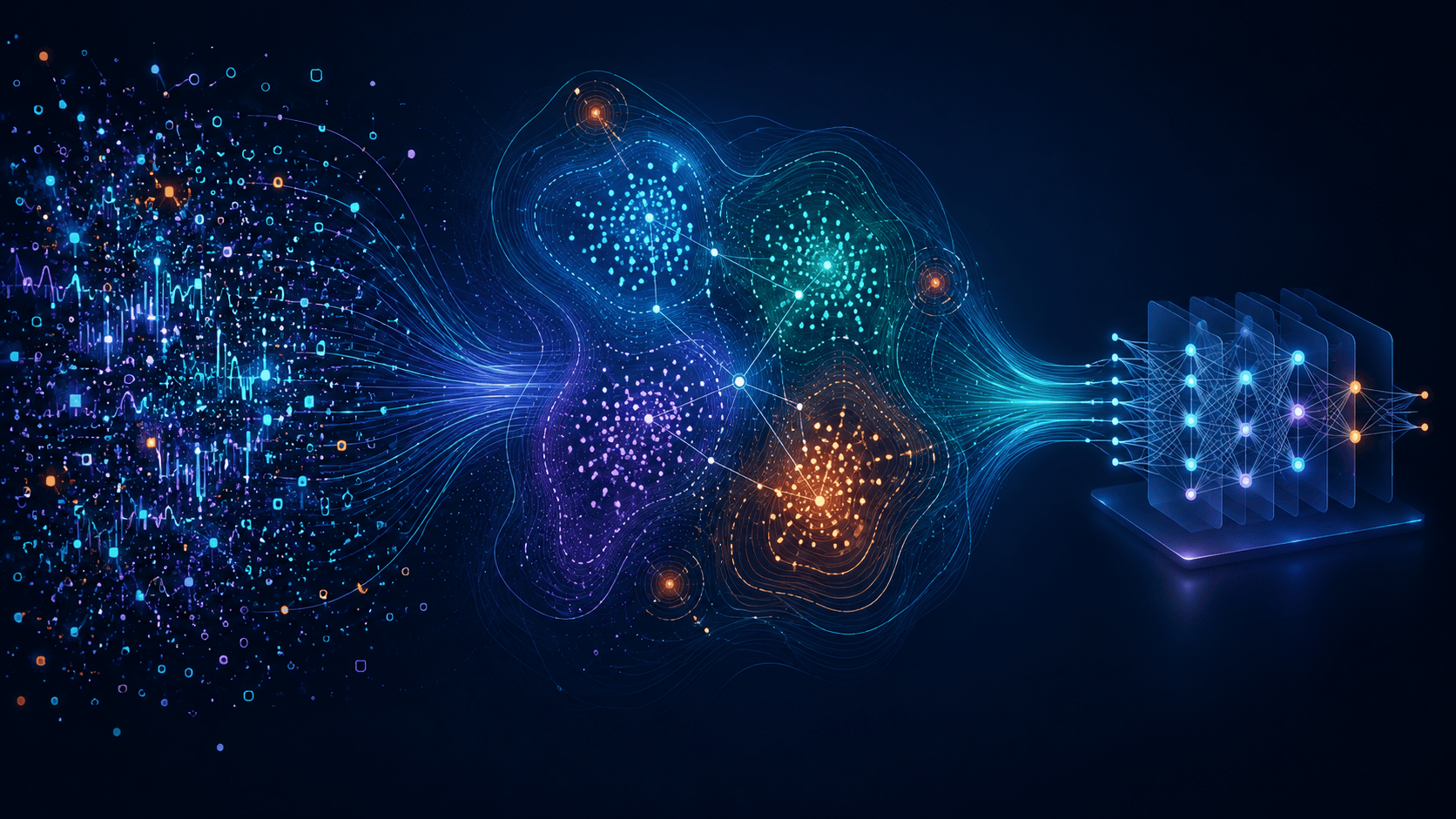 Raw scattered data on the left resolves into clean clusters and a neural net on the right.
